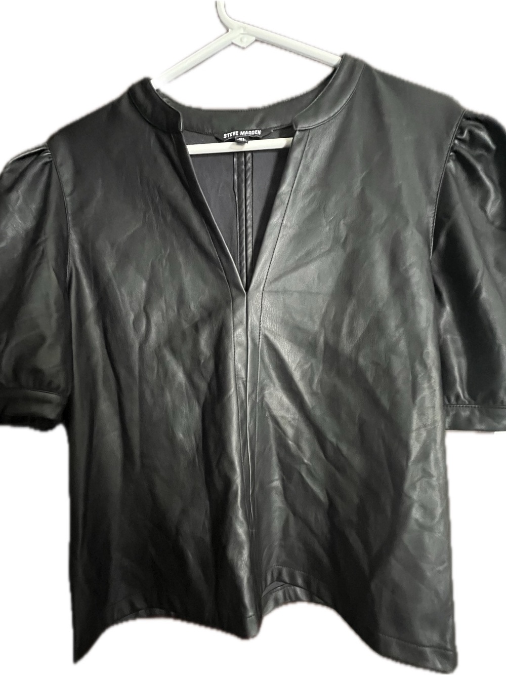 Steve Madden Black Faux Leather V-Notch Puff-Sleeve Blouse